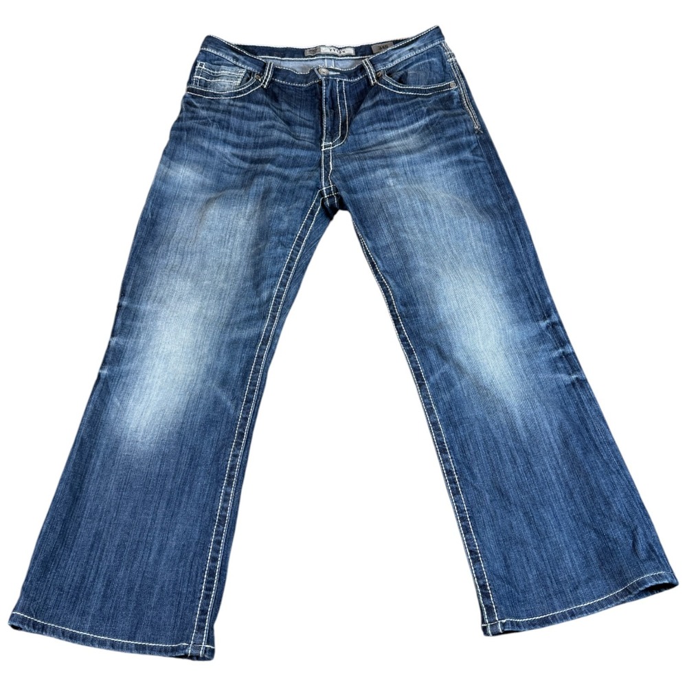 Buckle BKE Tyler Jeans Mens 34 Blue Denim Stretch Med Wash‎ Boot Leg Distressed